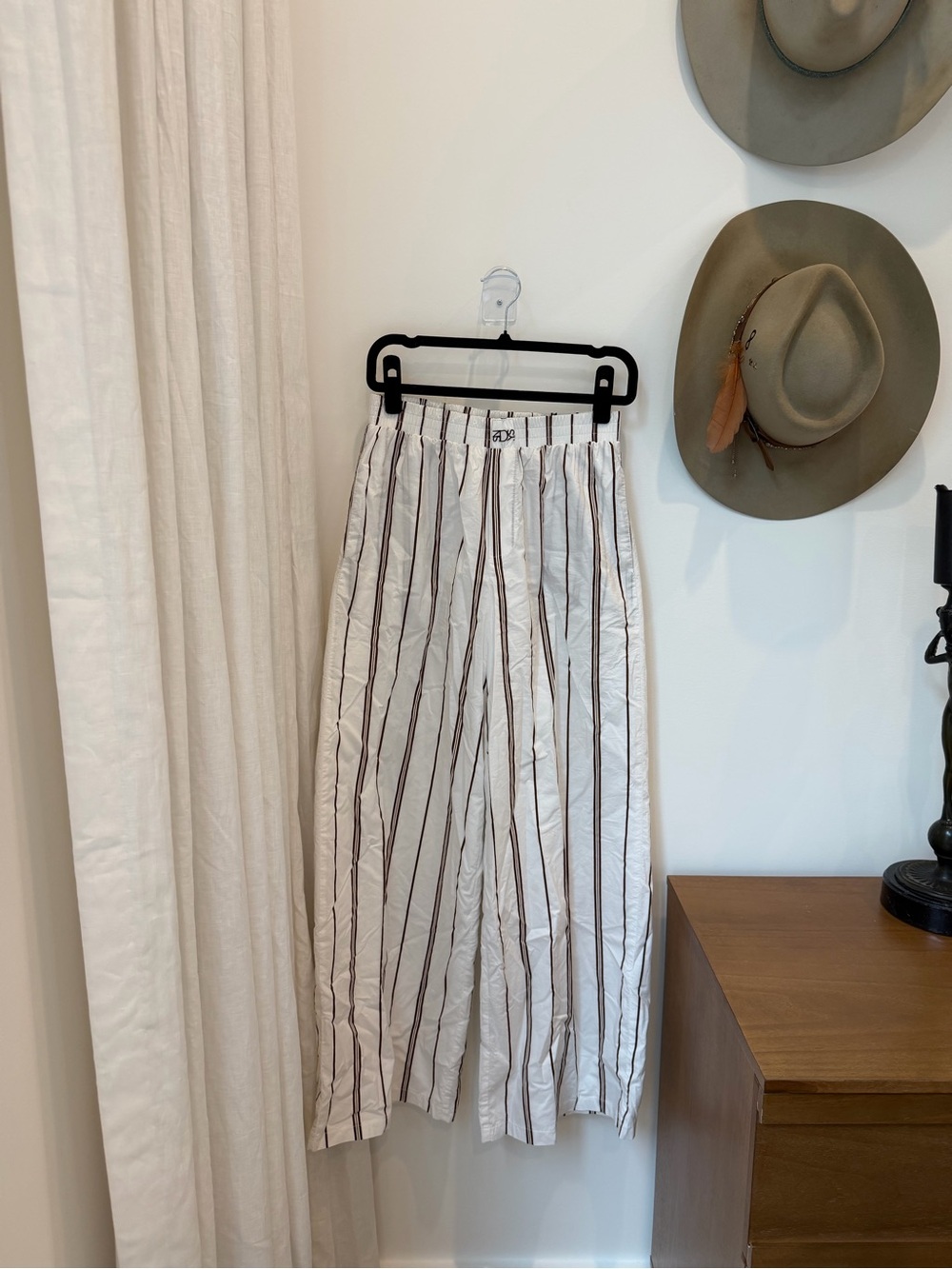 Wide-Leg Striped Pants in White with Brown Stripe